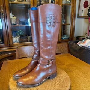 Tory Burch Brown Leather Riding Boots with Patterned Lining